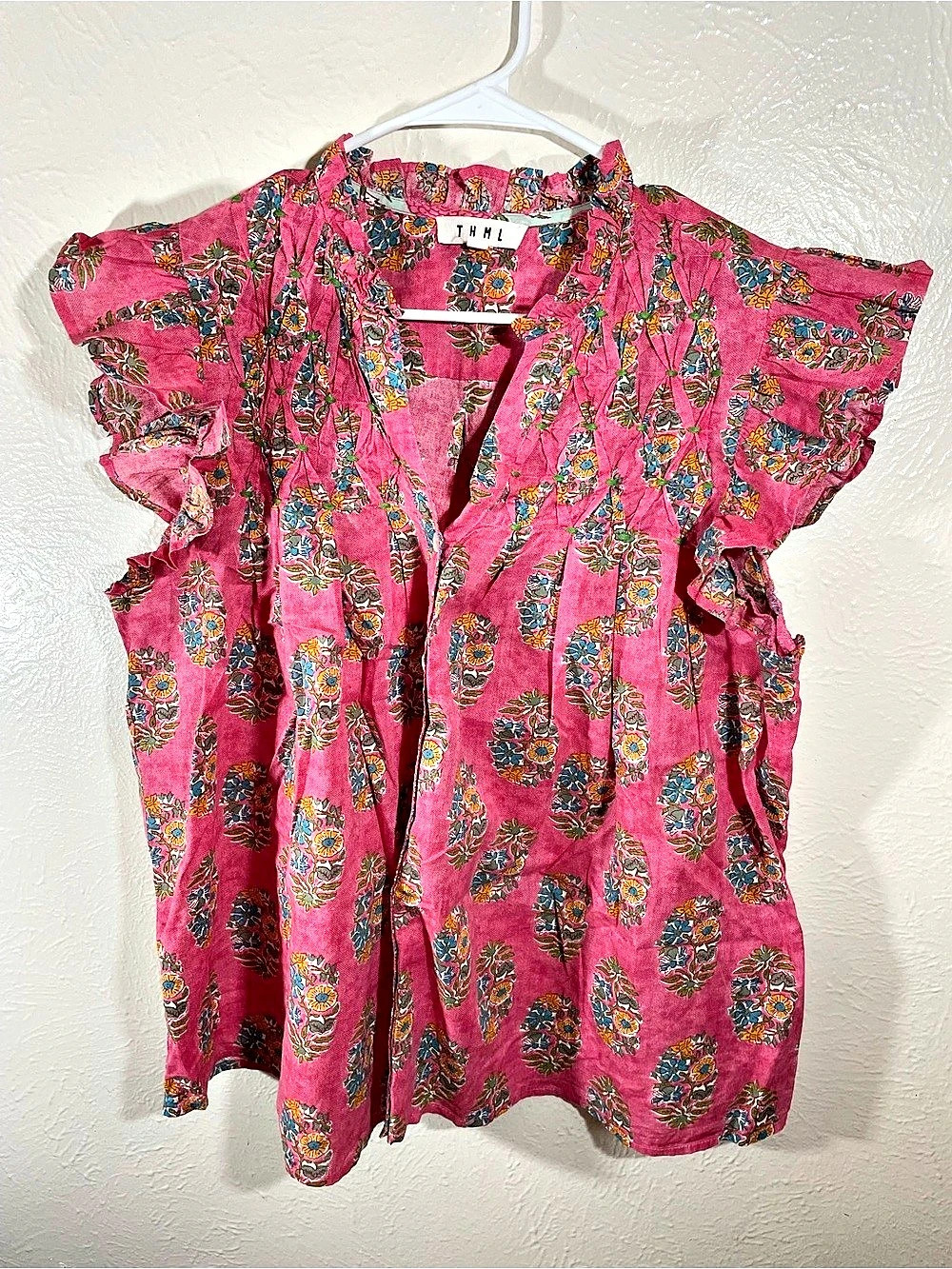 THML Floral Ruffle Blouse in Pink & Blue Size XL